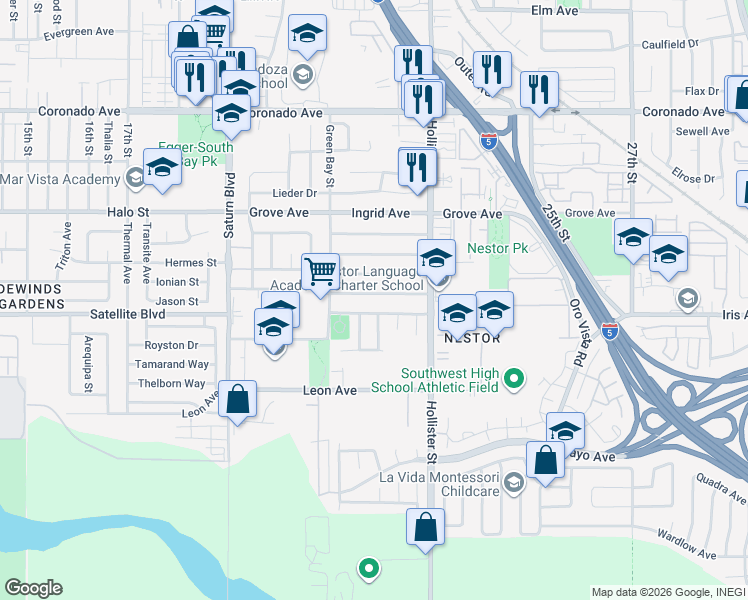 map of restaurants, bars, coffee shops, grocery stores, and more near 2171 Ilex Avenue in San Diego
