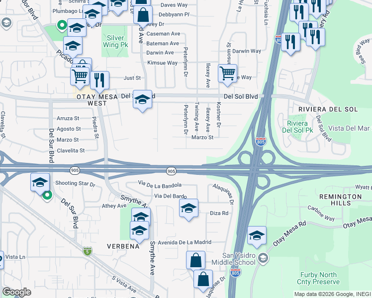 map of restaurants, bars, coffee shops, grocery stores, and more near Peterlynn Drive & Alcorn Street in San Diego