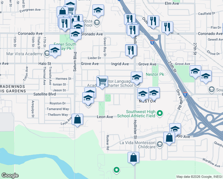 map of restaurants, bars, coffee shops, grocery stores, and more near 2156 Iris Avenue in San Diego