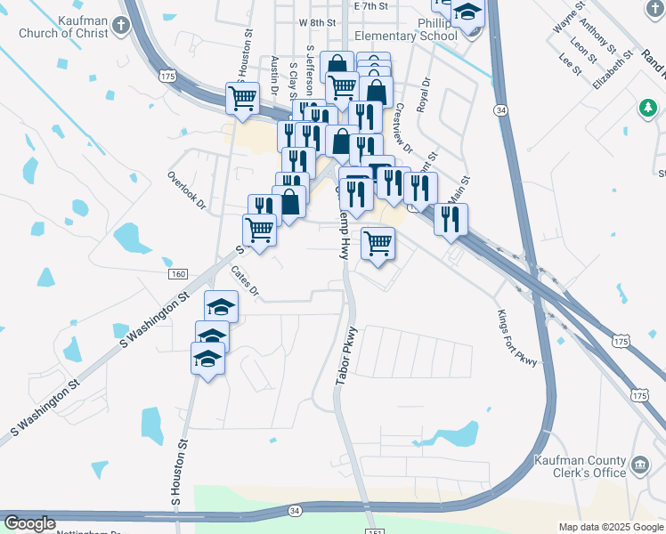 map of restaurants, bars, coffee shops, grocery stores, and more near 2700 Old Kemp Highway in Kaufman