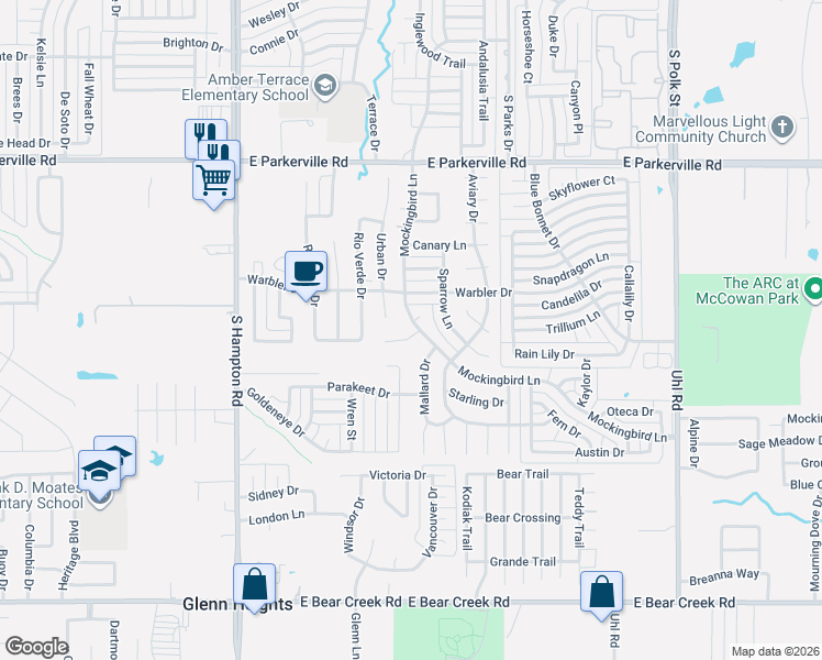 map of restaurants, bars, coffee shops, grocery stores, and more near 429 Partridge Circle in DeSoto