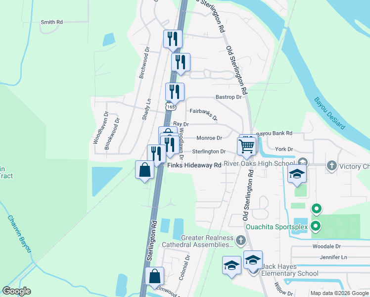 map of restaurants, bars, coffee shops, grocery stores, and more near 200 Woodlawn Drive in Monroe