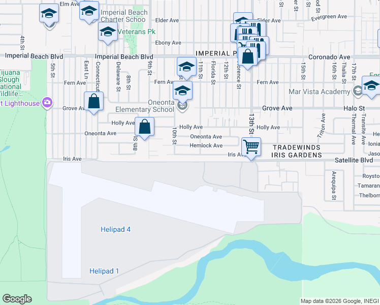 map of restaurants, bars, coffee shops, grocery stores, and more near 1020 Iris Avenue in Imperial Beach
