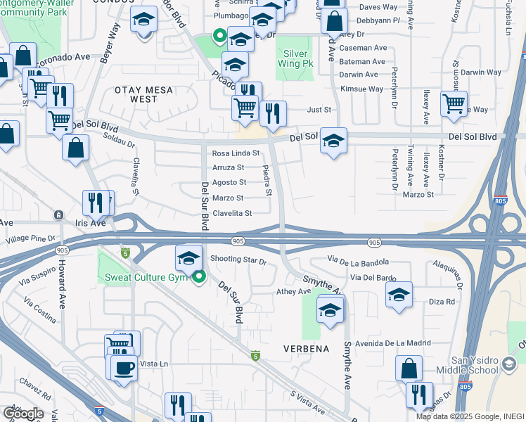 map of restaurants, bars, coffee shops, grocery stores, and more near 3774 Clavelita Street in San Diego