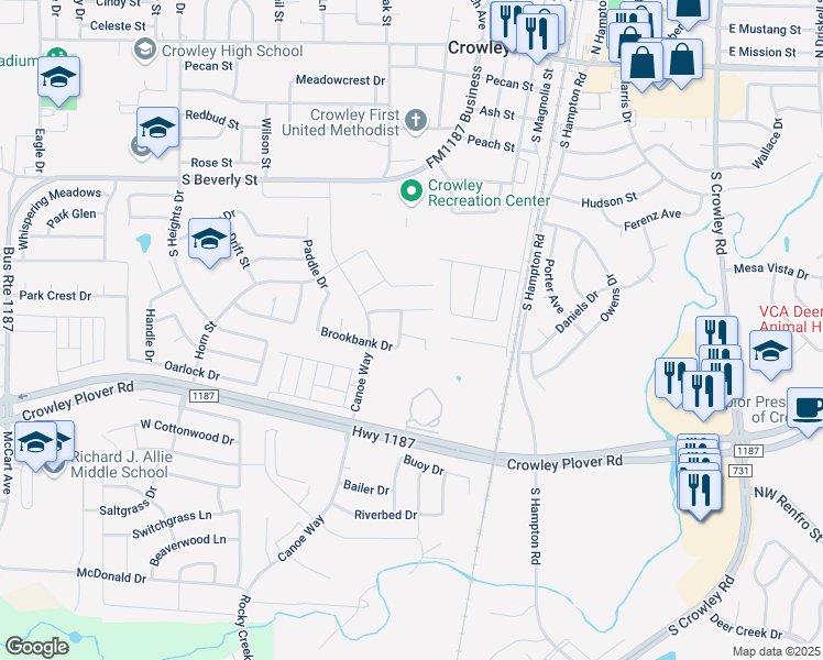 map of restaurants, bars, coffee shops, grocery stores, and more near 542 Mast Court in Crowley
