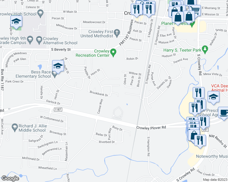 map of restaurants, bars, coffee shops, grocery stores, and more near 537 Mast Court in Crowley