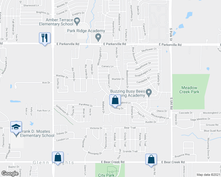 map of restaurants, bars, coffee shops, grocery stores, and more near 1321 Sparrow Lane in DeSoto