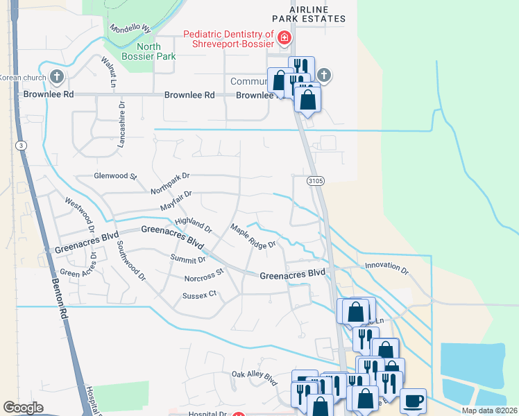 map of restaurants, bars, coffee shops, grocery stores, and more near 409 Edgemont Drive in Bossier City