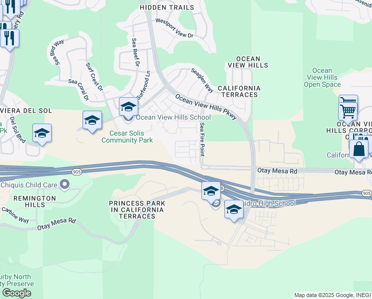 map of restaurants, bars, coffee shops, grocery stores, and more near 5204 Surfwalk Way in San Diego