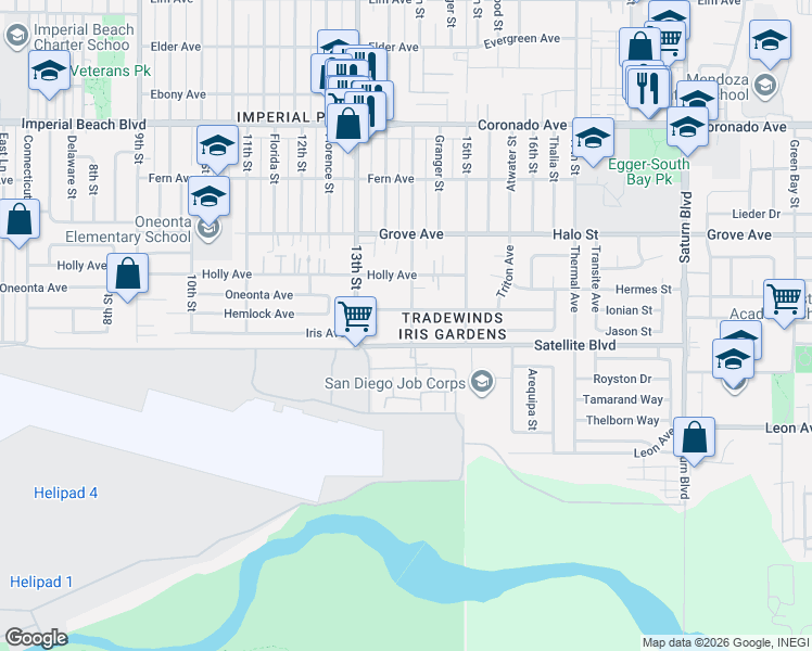 map of restaurants, bars, coffee shops, grocery stores, and more near 1479 14th Street in Imperial Beach