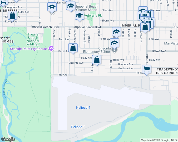 map of restaurants, bars, coffee shops, grocery stores, and more near 831 Iris Avenue in Imperial Beach