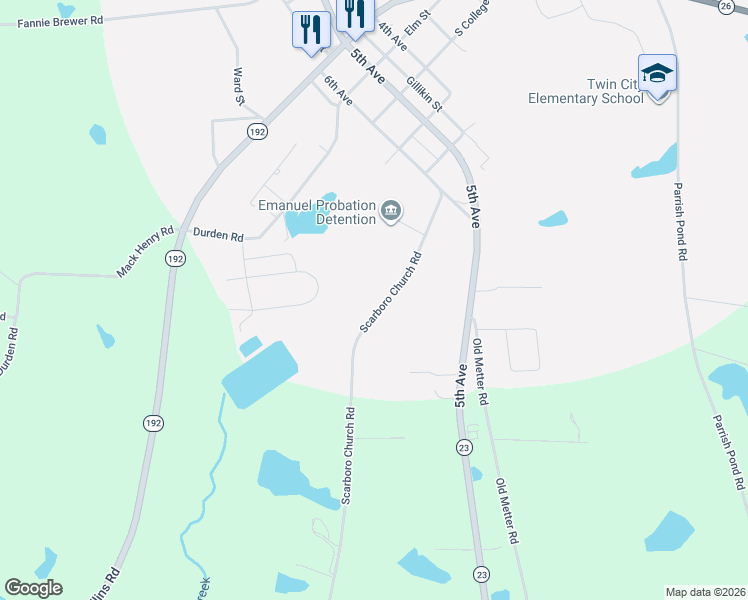map of restaurants, bars, coffee shops, grocery stores, and more near 848 Scarboro Church Road in Twin City