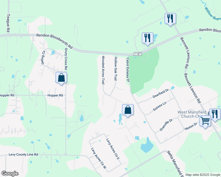 map of restaurants, bars, coffee shops, grocery stores, and more near 7000 Big Rock Court in Mansfield