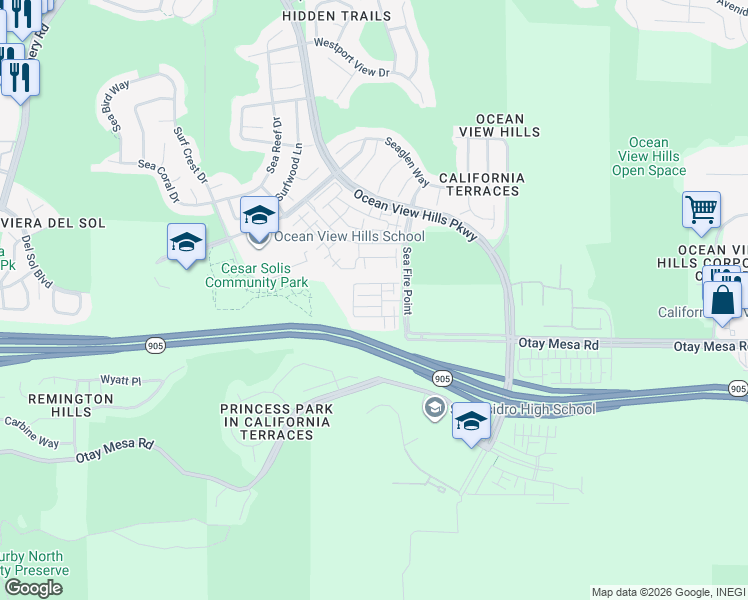 map of restaurants, bars, coffee shops, grocery stores, and more near 5208 Surfwalk Way in San Diego
