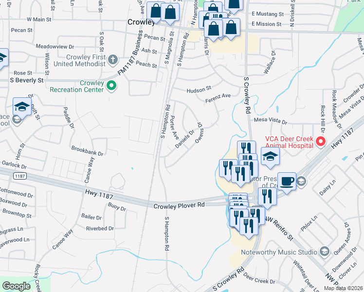 map of restaurants, bars, coffee shops, grocery stores, and more near 708 Owens Drive in Crowley