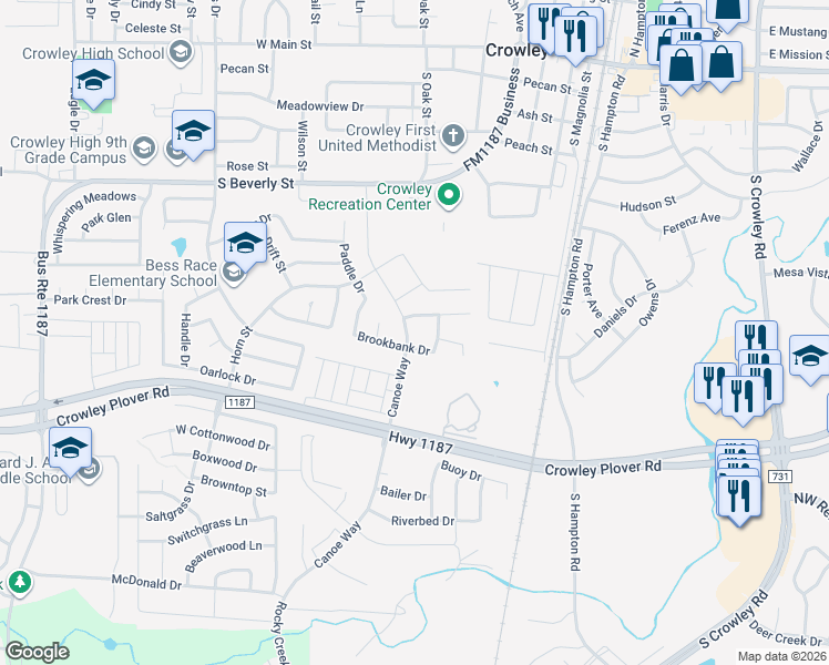 map of restaurants, bars, coffee shops, grocery stores, and more near 412 Canoe Way in Crowley