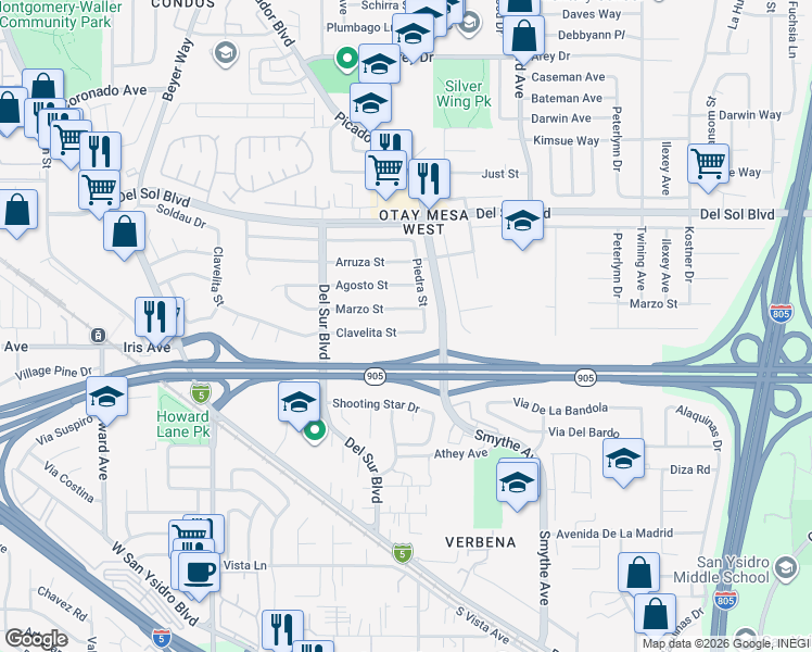 map of restaurants, bars, coffee shops, grocery stores, and more near 3772 Clavelita Street in San Diego