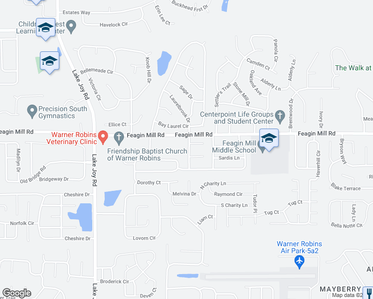 map of restaurants, bars, coffee shops, grocery stores, and more near 110 Country Walk in Warner Robins