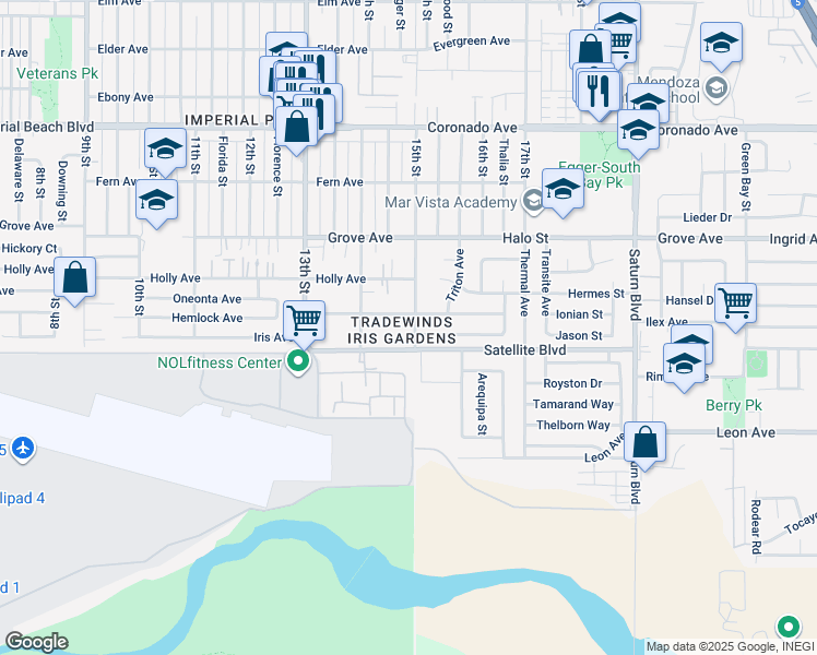 map of restaurants, bars, coffee shops, grocery stores, and more near 1472 Iris Avenue in Imperial Beach