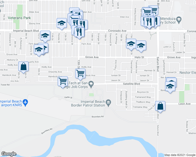 map of restaurants, bars, coffee shops, grocery stores, and more near 1472 Iris Avenue in Imperial Beach