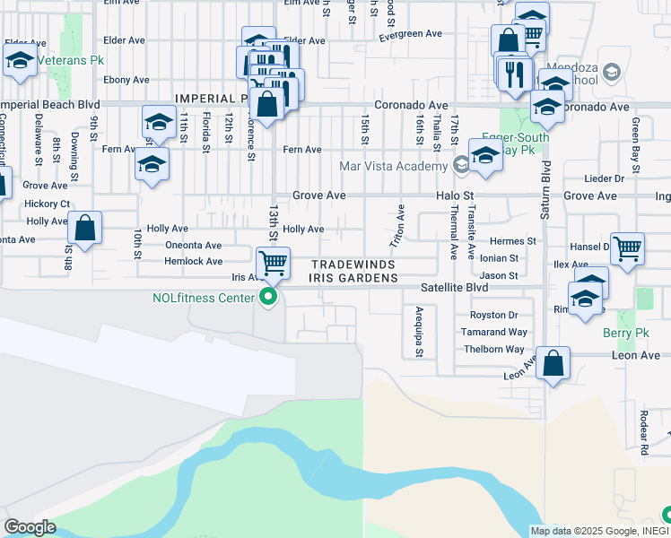 map of restaurants, bars, coffee shops, grocery stores, and more near 1479 14th Street in Imperial Beach