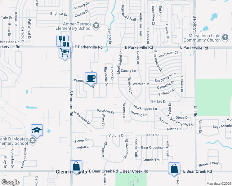 map of restaurants, bars, coffee shops, grocery stores, and more near 417 Partridge Circle in DeSoto