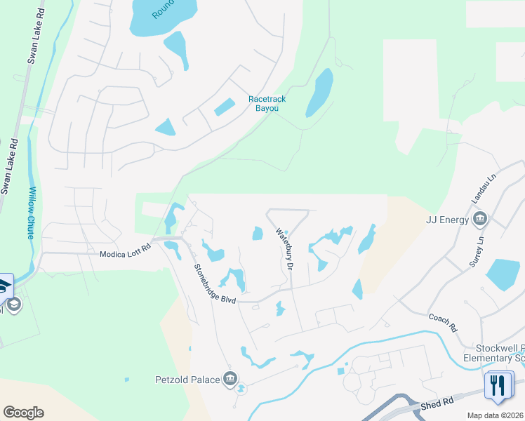 map of restaurants, bars, coffee shops, grocery stores, and more near 40 Waterbury Drive in Bossier City