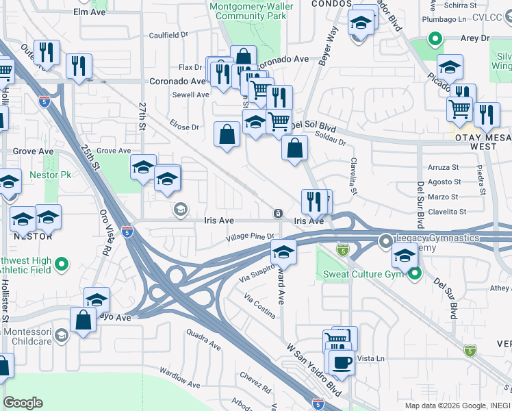 map of restaurants, bars, coffee shops, grocery stores, and more near 3046 Iris Avenue in San Diego