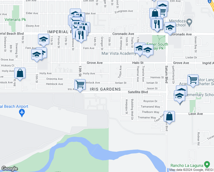 map of restaurants, bars, coffee shops, grocery stores, and more near 1472 Iris Avenue in Imperial Beach