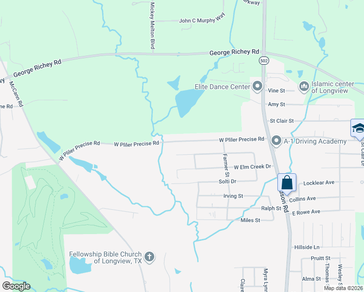 map of restaurants, bars, coffee shops, grocery stores, and more near 405 Harriett Street in Longview