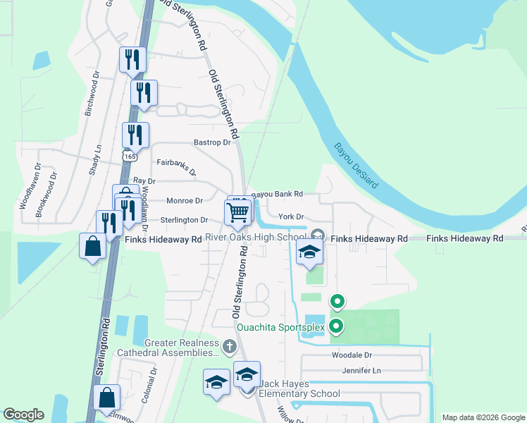 map of restaurants, bars, coffee shops, grocery stores, and more near 132 York Drive in Monroe