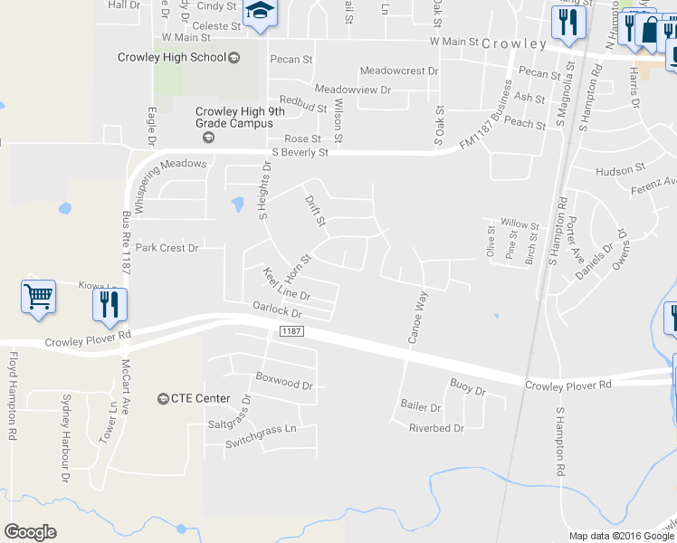 map of restaurants, bars, coffee shops, grocery stores, and more near 569 Creekbend Street in Crowley