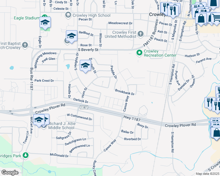 map of restaurants, bars, coffee shops, grocery stores, and more near 533 Creekbend Street in Crowley