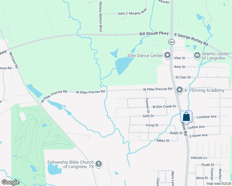 map of restaurants, bars, coffee shops, grocery stores, and more near 405 Harriett Street in Longview