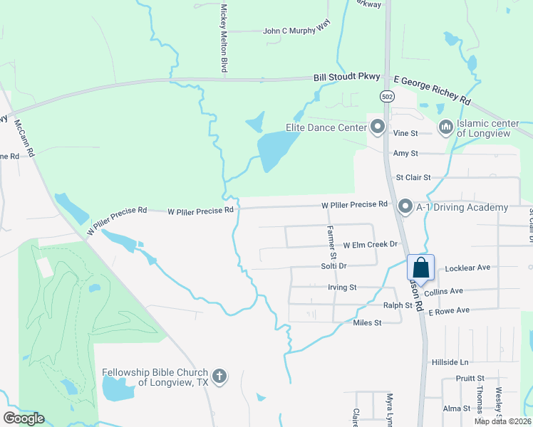 map of restaurants, bars, coffee shops, grocery stores, and more near 405 Harriett Street in Longview