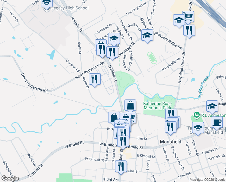 map of restaurants, bars, coffee shops, grocery stores, and more near 305 North Main Street in Mansfield