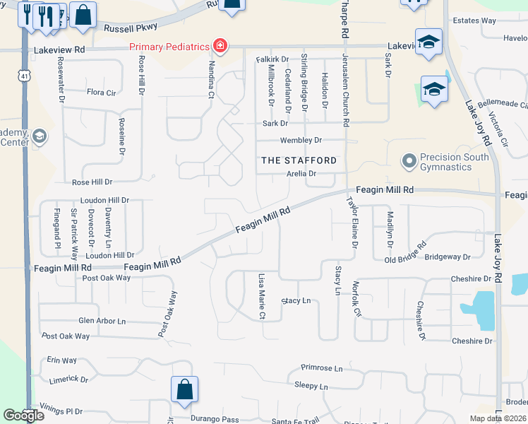 map of restaurants, bars, coffee shops, grocery stores, and more near 310 Emily Maygan Drive in Warner Robins