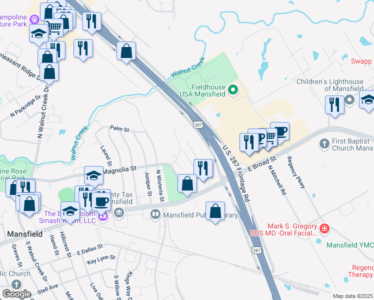 map of restaurants, bars, coffee shops, grocery stores, and more near 34 Shady Valley Court in Mansfield