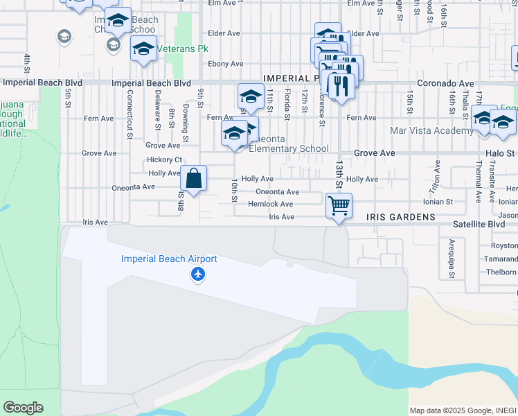 map of restaurants, bars, coffee shops, grocery stores, and more near 1025 Hemlock Avenue in Imperial Beach