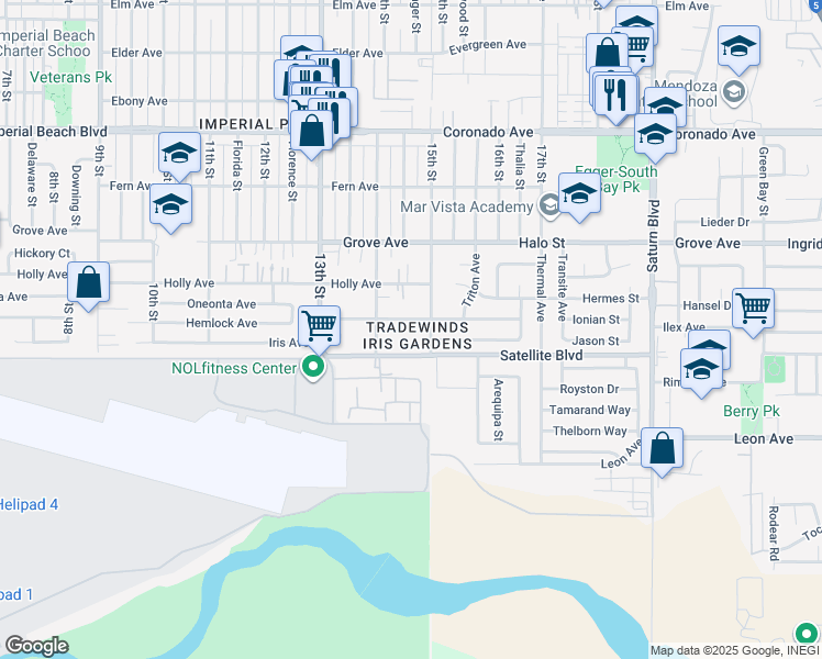 map of restaurants, bars, coffee shops, grocery stores, and more near 1472 Iris Avenue in Imperial Beach