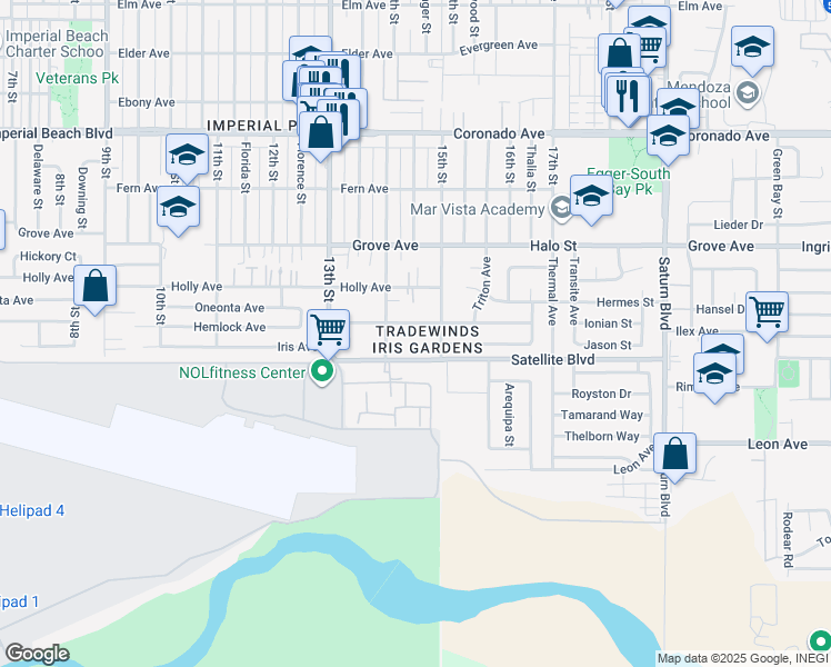 map of restaurants, bars, coffee shops, grocery stores, and more near 1472 Iris Avenue in Imperial Beach