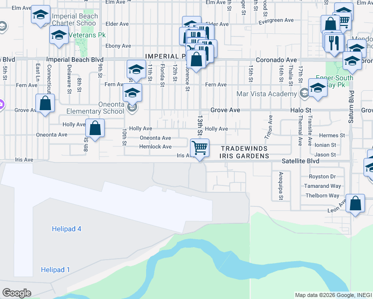 map of restaurants, bars, coffee shops, grocery stores, and more near 1223 Iris Avenue in Imperial Beach