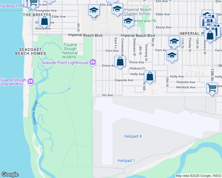 map of restaurants, bars, coffee shops, grocery stores, and more near 1480 East Lane in Imperial Beach