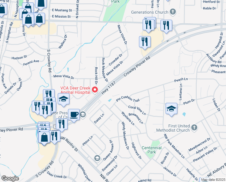 map of restaurants, bars, coffee shops, grocery stores, and more near 920 Farm to Market Road 1187 in Crowley