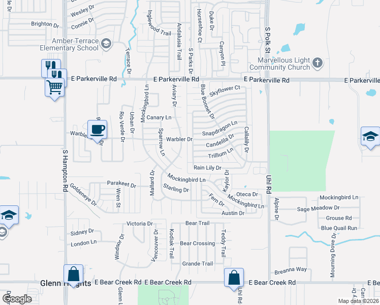 map of restaurants, bars, coffee shops, grocery stores, and more near 600 Trillium Lane in DeSoto