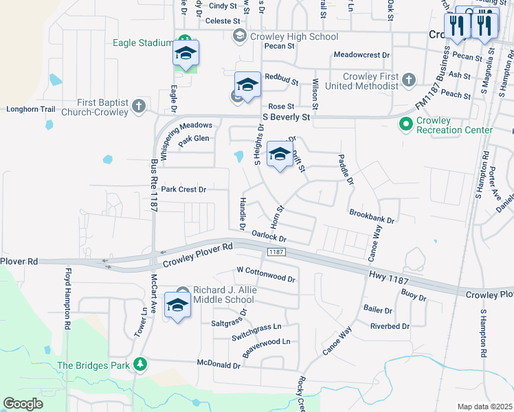 map of restaurants, bars, coffee shops, grocery stores, and more near 907 Keel Line Court in Crowley