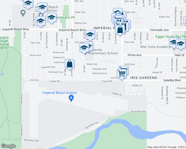 map of restaurants, bars, coffee shops, grocery stores, and more near 1025 Hemlock Avenue in Imperial Beach