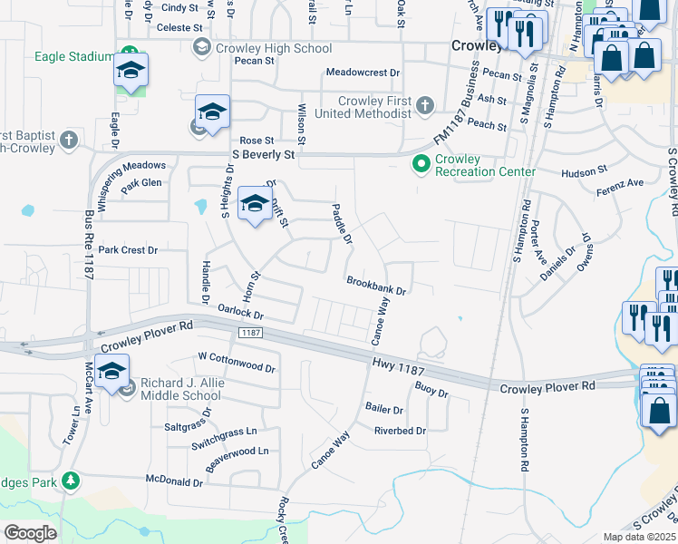 map of restaurants, bars, coffee shops, grocery stores, and more near 533 Paddle Drive in Crowley