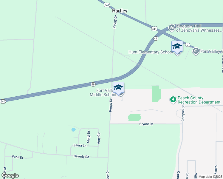 map of restaurants, bars, coffee shops, grocery stores, and more near 814 Peggy Drive in Fort Valley