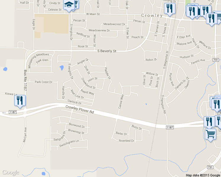 map of restaurants, bars, coffee shops, grocery stores, and more near 540 Paddle Drive in Crowley
